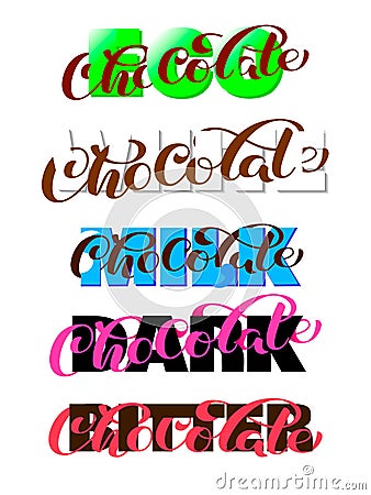 Eco, white, milk, dark, bitter, chocolate brush lettering. Overlapping Text Layout. Vector illustration for banner Vector Illustration