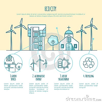 Ecocity landscapes, urban houses. Alternative energy Vector Illustration