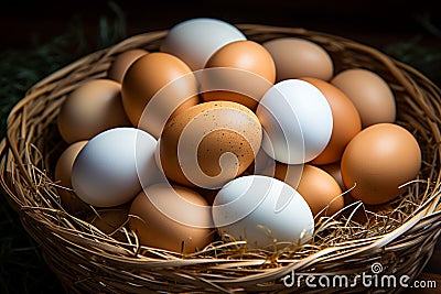 Ecoconscious groceries a wooden nest piled high with fresh eggs Stock Photo