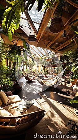 Ecolodge or eco-lodge house interior with green plants, adorned with hammocks and various greenery Stock Photo