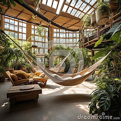 Ecolodge or eco-lodge house interior with green plants, adorned with hammocks and various greenery, creating a serene Stock Photo