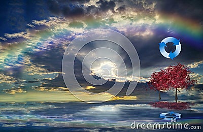 Ecologic background with recycle symbol, Planet earth and rainbow in sea reflection Stock Photo