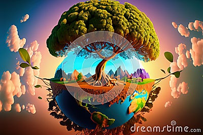 ecological abstraction. tree growing from the globe. Generative AI Stock Photo