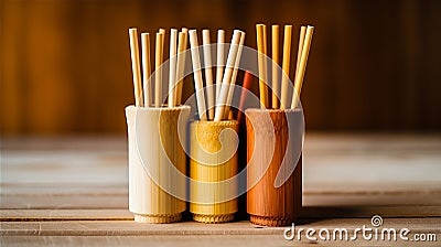 Ecological bamboo cocktail tubes for lemonades and drinks. Concept: Safe eco-friendly tableware without harm to the planet. Stock Photo