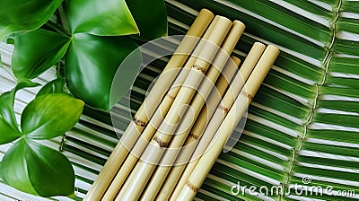 Ecological bamboo cocktail tubes for lemonades and drinks. Concept: Safe eco-friendly tableware without harm to the planet. Stock Photo