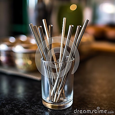 Ecological bamboo cocktail tubes for lemonades and drinks. Concept: Safe eco-friendly tableware without harm to the planet. Stock Photo