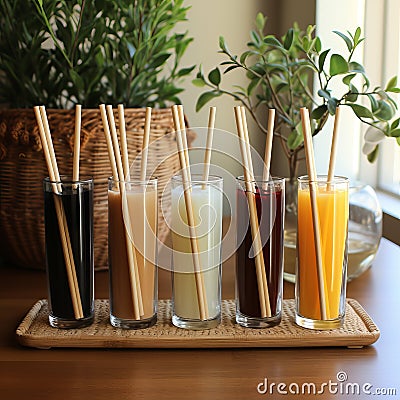 Ecological bamboo cocktail tubes for lemonades and drinks. Concept: Safe eco-friendly tableware without harm to the planet Stock Photo