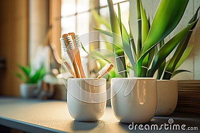 Ecological bamboo toothbrushes in bathroom. Eco friendly wooden toothbrushes in a cup on blurred window background. Generative AI Stock Photo