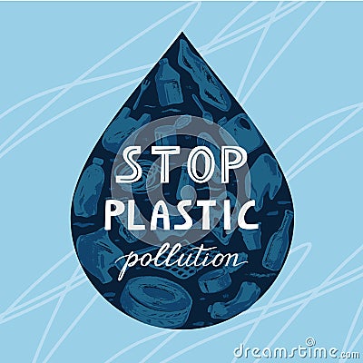 The ecological banner painted a drop of water, garbage, marine life in our ocean. Vector Illustration