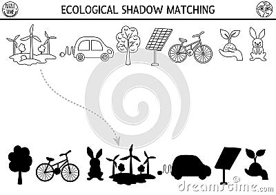 Ecological black and white shadow matching activity with alternative energy sources and transport. Earth day puzzle. Find correct Vector Illustration