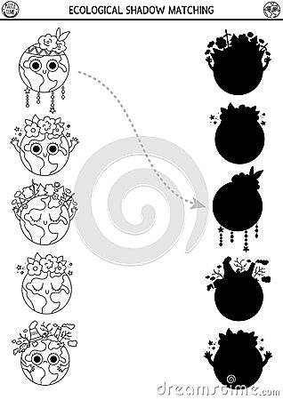 Ecological black and white shadow matching activity with cute planets. Earth day puzzle. Find correct silhouette printable Vector Illustration
