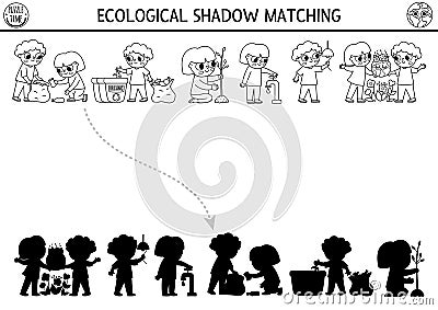 Ecological black and white shadow matching activity with kids caring of environment. Earth day puzzle. Find correct silhouette Vector Illustration