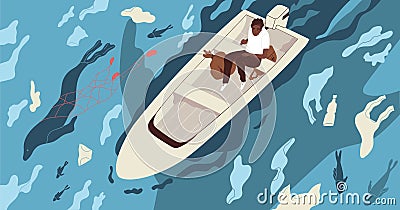 Ecological catastrophe and water contamination concept. Male character in boat on dirty sea contaminated with plastic Cartoon Illustration