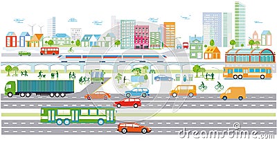 Ecological city with electric vehicles and passenger train, illustration Vector Illustration