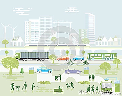 Ecological City landscape with road traffic and pedestrians, illustration Vector Illustration
