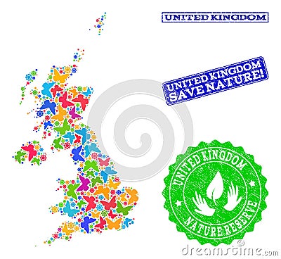 Save Nature Composition of Map of United Kingdom with Butterflies and Distress Watermarks Vector Illustration