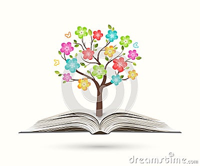 Ecological concept. Paper tree with green leaves and colorful, vibrant flowers growing from an open book, Vector illustration Vector Illustration