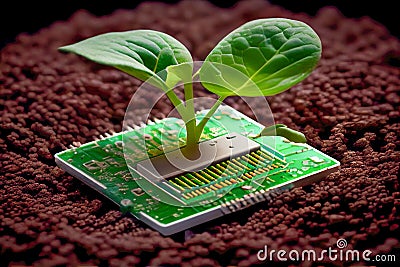 Ecological concert. Green sprout from a computer processor. Generative AI, Generative, AI Stock Photo