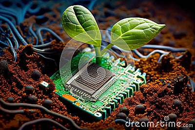 Ecological concert. Green sprout from a computer processor. Generative AI, Generative, AI Stock Photo