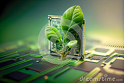Ecological concert. Green sprout from a computer processor. Generative AI, Generative, AI Stock Photo