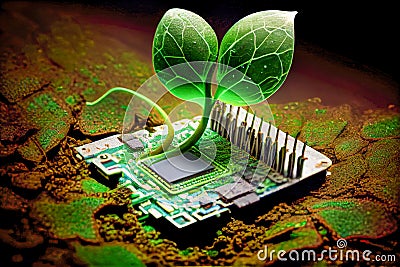 Ecological concert. Green sprout from a computer processor. Generative AI, Generative, AI Stock Photo