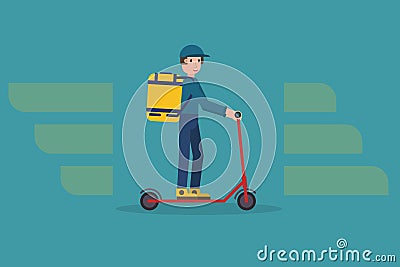 Ecological delivering service illustration with modern delivery man on kick scooter carrying package. Food delivery boy. Vector Illustration