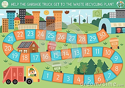 Ecological dice board game for children with garbage truck going to waste recycling plant. Earth day boardgame. Nature protection Vector Illustration