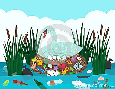 Ecological disaster of plastic waste in the river. Swan hatching eggs in a nest full of plastic garbage on the Vector Illustration