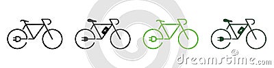 Ecological Electric Bicycle. Electricity Power Eco Bike with Charge Plug Symbol Collection on White Background. Green Vector Illustration