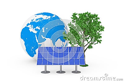 Ecological Energy Concept. Blue Solar Cell Pattern Panel, Earth Globe and Green Tree. 3d Rendering Stock Photo
