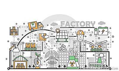 Ecological factory concept vector flat line art illustration Vector Illustration