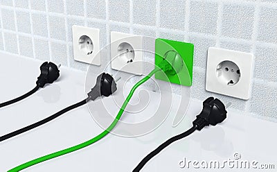 Ecological green plug into a green socket Stock Photo