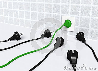 Ecological green plug into a white socket Stock Photo