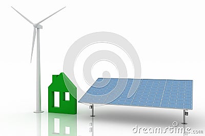 Ecological house with wind turbine and solar panel Stock Photo