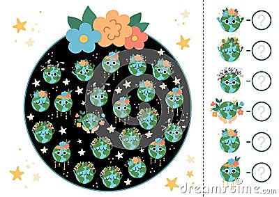 Ecological I spy game for kids. Searching and counting activity with cute planets. Earth day printable worksheet for preschool Vector Illustration