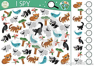 Ecological I spy game for kids. Searching and counting activity with extinct animals. Earth day printable worksheet for preschool Vector Illustration