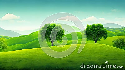 Ecological idea wallpaper featuring a green natural scene with trees and hills. Stock Photo