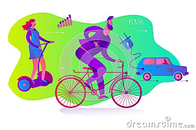 Ecological illustration. ECO friendly transport. People go by electric car, Segway, Bicycle. Pollution of the planet. Vector Illustration