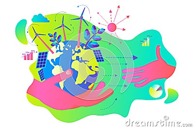Ecological illustration. In hands of man planet Earth. Alternative types of energy. Modern eco friendly technologies. Vector Illustration
