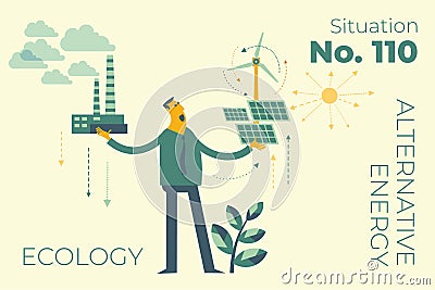 Ecological illustration. Man chooses between polluting and clean energy. Alternative types of energy. Eco city. Global warming. En Vector Illustration
