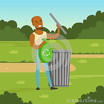 Ecological lifestyle concept with man character throwing garbage Vector Illustration