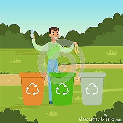 Ecological lifestyle concept with man throwing out garbage Vector Illustration
