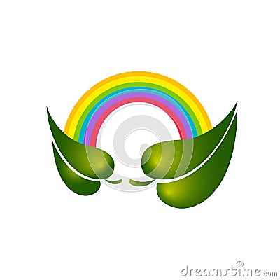 Ecological logo or icon with rainbow and green leaves. Vector Illustration