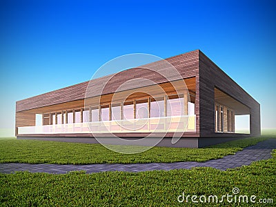 Ecological modern wood house. Cartoon Illustration