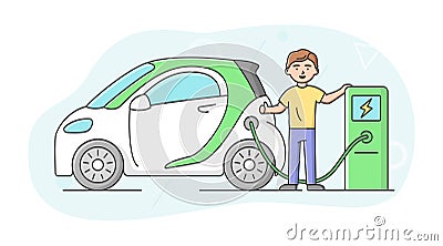 Ecological Modes Of Transport Concept, Ways Of Saving Planet And Healthy Lifestyle. Cheerful Boy Charging Electric Car Vector Illustration