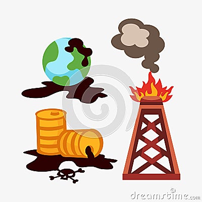 Ecological problems environmental oil pollution of water earth air deforestation destruction of animals mills factories Vector Illustration