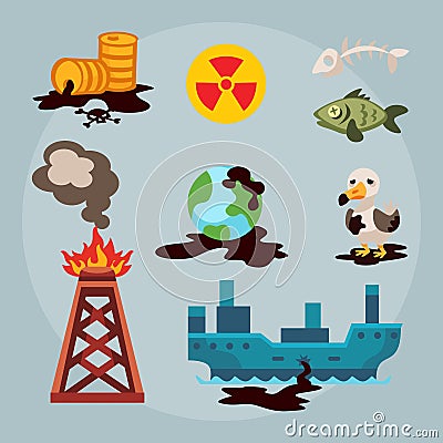 Ecological problems environmental oil pollution of water earth air deforestation destruction of animals mills factories Vector Illustration