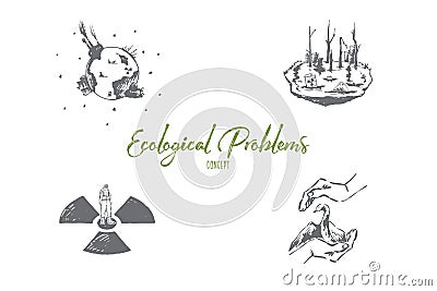 Ecological problems - saving of rare species, pollution, global wrming vector concept set Vector Illustration