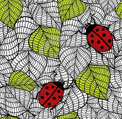 Ecological seamless pattern with green leaves and red bugs. Vector Illustration