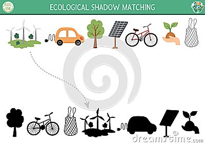 Ecological shadow matching activity with alternative energy sources and transport. Earth day puzzle. Find correct silhouette Vector Illustration